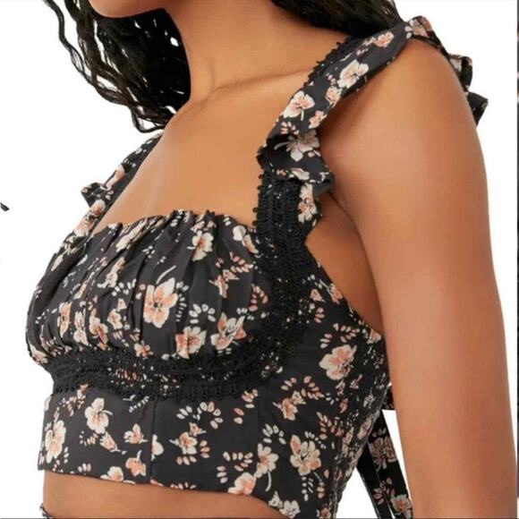 Free People Top Bijou Square Neck Floral Ruffle Sleeve Shoulder Tie Size 8 boho - Picture 2 of 9